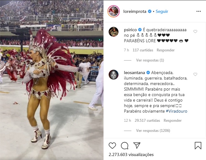 Léo Santana elogia Lorena Improta após vitória no Carnaval carioca