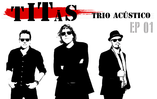 Capa do Trio Acústico - EP 01 dos Titãs, com os três integrantes desenhados em preto e branco