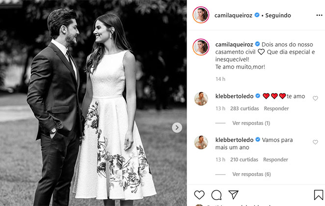 Camila Queiroz comemora dois anos de casada com Klebber Toledo