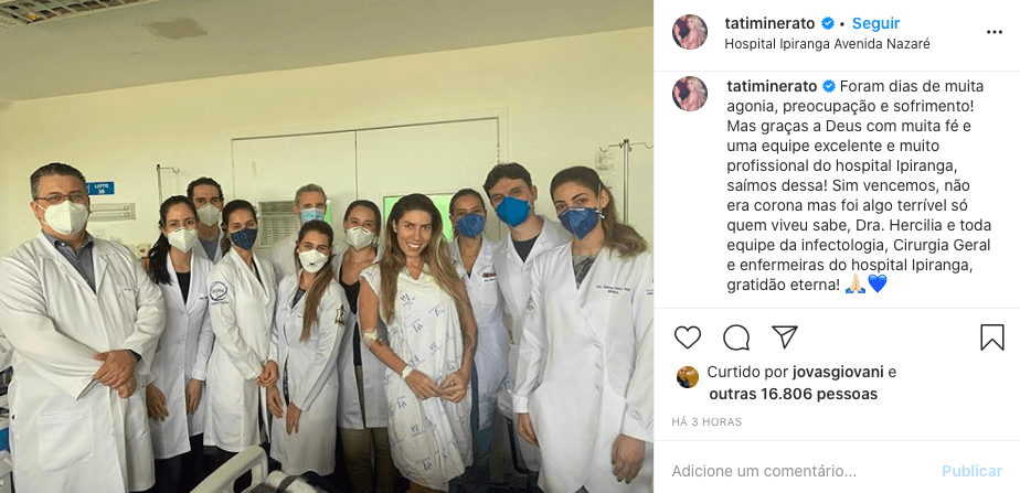 Tati Minerato comemora alta e agradece equipe médica