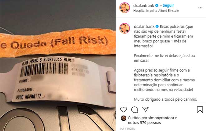 O ex-Polegar Alan Frank compartilhou no Instagram fotos das pulseiras do hospital na qual foi internado por conta da covid-19