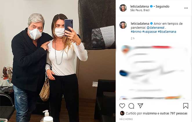 José Luiz Datena e Letícia Datena posam junto de máscara no Instagram
