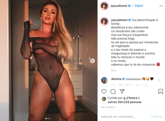 Juju Salimeni faz web pirar com foto sensual vestindo body transparente