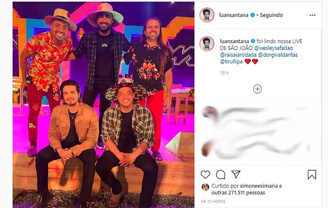 Luan Santana comemorou no Instagram sucesso de live de São João com Wesley Safadão