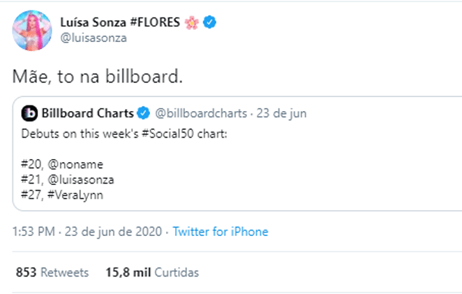 Luísa Sonza comemora entrada em parada musical da Billboard