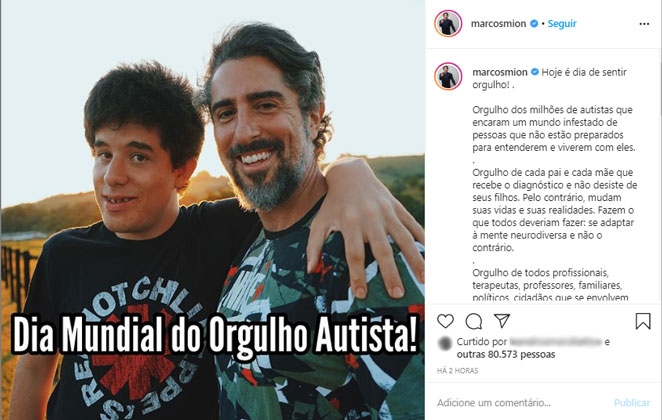 Marcos Mion e Romeo em foto celebrando o Dia do Orgulho Autista