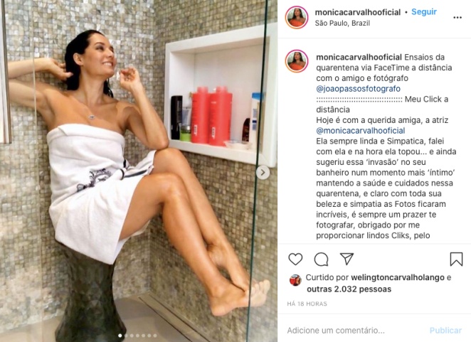 Monica Carvalho posa de toalha em ensaio à distância