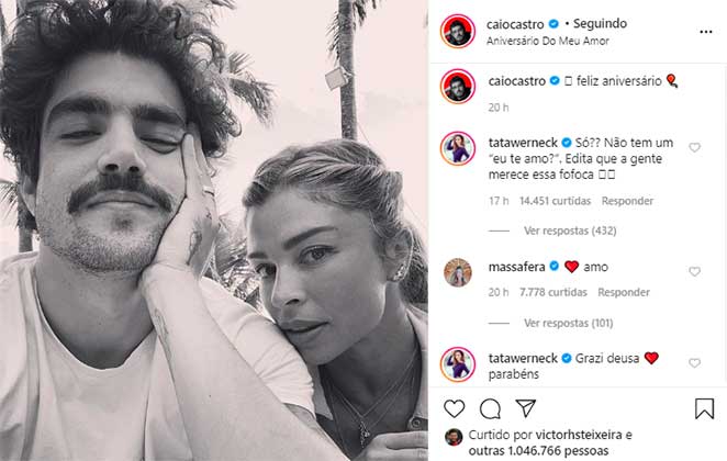 Tatá Wereneck cobrou Caio Castro em parabéns dele à Grazi Massafera no Instagram