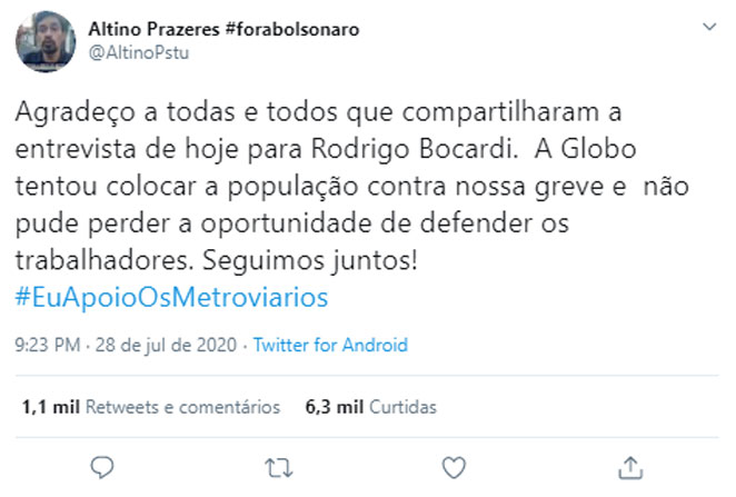 Altino de Melo Prazeres Junior chegou a comentar sobre o ocorrido na internet