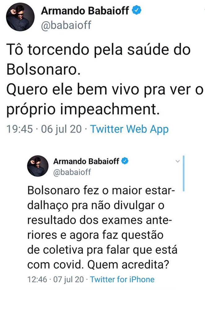 Armando Babaioff também desconfia que anúncio de teste positivo de Jair Bolsonaro seja uma espécie de cortina de fumaça