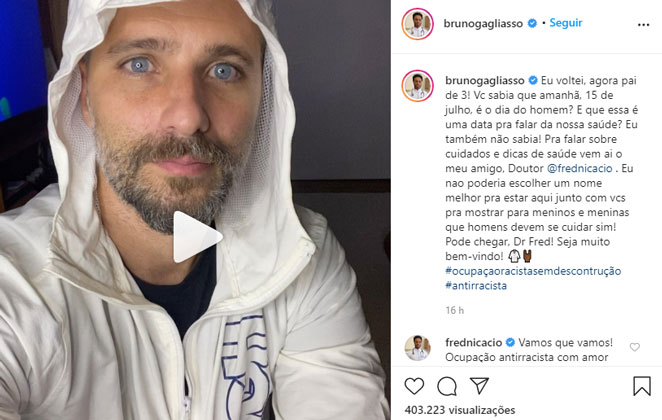Bruno Gagliasso volta com ocupação antirracista na web e internautas apontam cansaço no rosto do ator