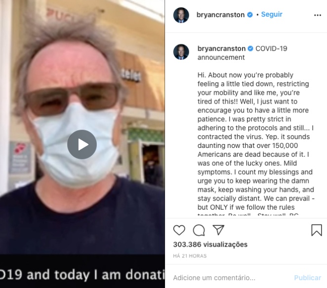 Bryan Cranston anuncia que já teve coronavírus e doou plasma para pesquisa