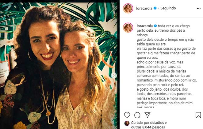 Carolina Dieckmann se declara para Marisa Monte em linda homenagem no Instagram