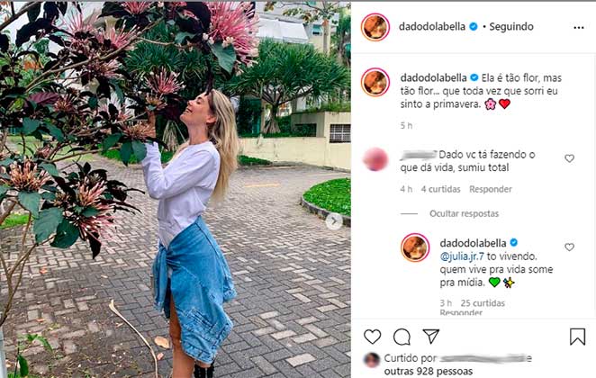 Dado Dolabella respondeu em foto da namorada sobre seu