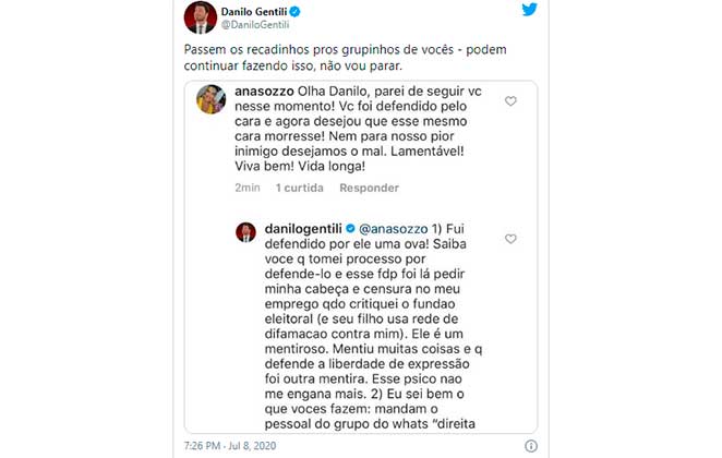 Danilo Gentili responde internauta e revela que Bolsonaro já pediu a cabeça dele no SBT