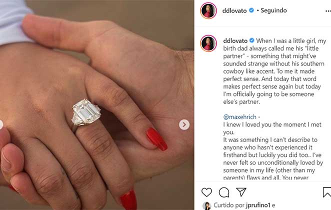 O anel de diamante que o ator Max Ehrich deu para Demi lovato