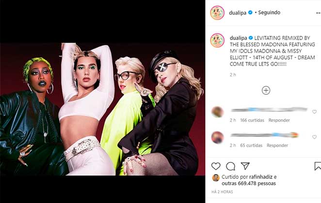 Dua Lipa anunciou remix da canção Levitating com Madonna, Missy Elliott e DJ The Blessed Madonna