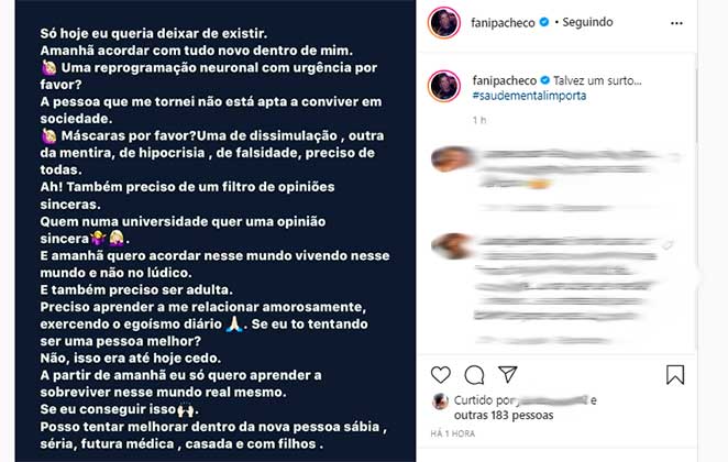 Ex-BBB Fani Pacheco desabafou sobre saúde mental no Instagram
