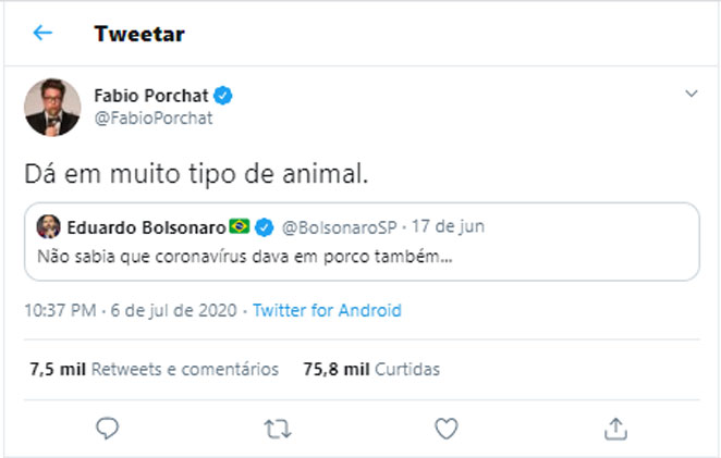 Fabio Porchat compartilha tweet do deputado federal Eduardo Bolsonaro e cutuca o Presidente