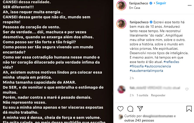 Ex-BBB postou um texto antigo @fanipacheco