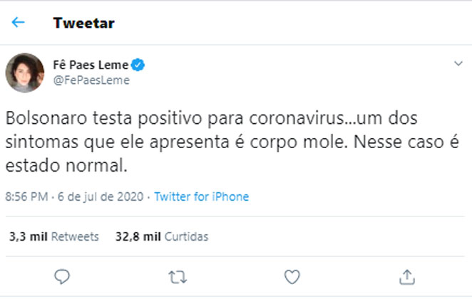 Fernanda Paes Leme ironiza teste positivo para Covid-19 de Jair Bolsonaro