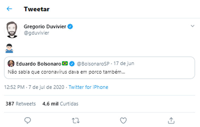 Gregorio Duvivier compartilha tweet de Eduardo Bolsonaro