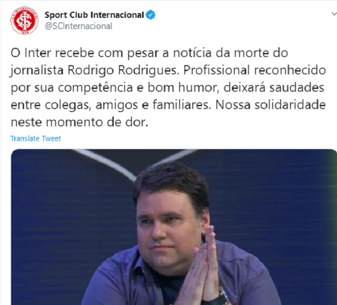 Sport Clube Internacional lamenta morte de Rodrigo Rodrigues