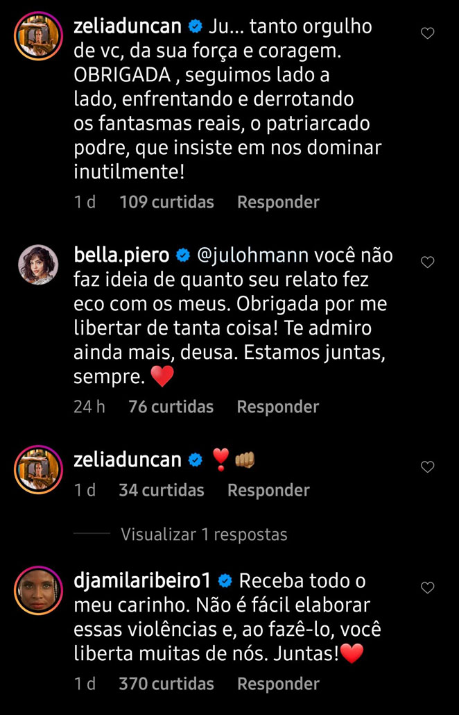 Comentários de Zélia Duncan, Bella Piero e Djamila Ribeiro