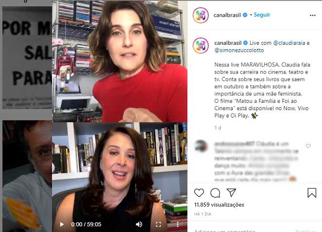Claudia Raia participou de uma live no Instagram do Canal Brasil