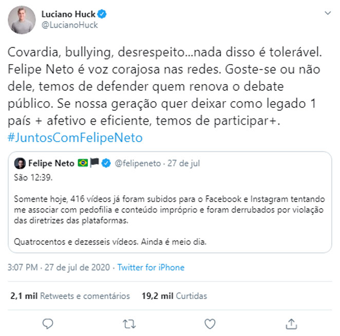 Luciano Huck sai em defesa de Felipe Neto e recebe ataques na web