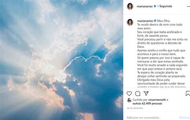 Post emocionado da atriz Mariana Rios, após sofrer um aborto espontâneo