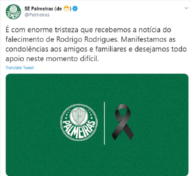 Palmeiras lamenta morte de Rodrigo Rodrigues