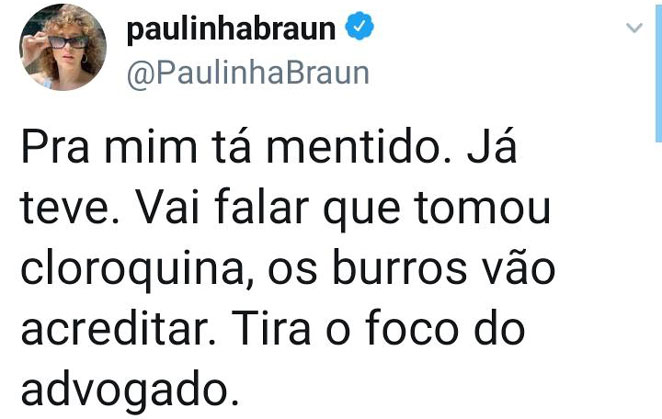 Paula Braun também mostra desconfiança em relação ao exame positivo de Jair Bolsonaro