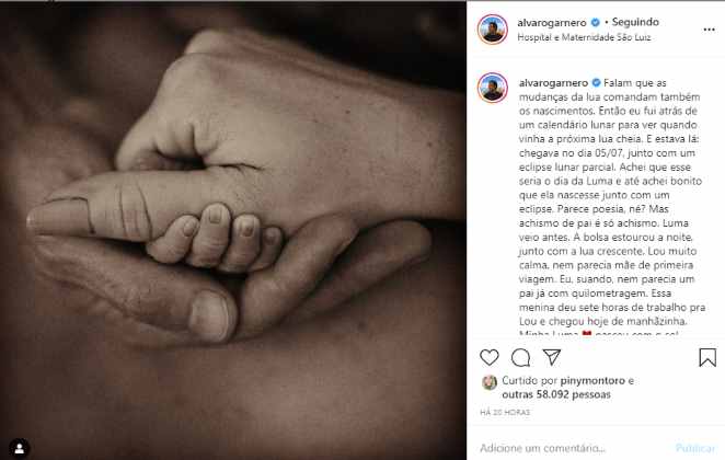 Alvaro Garnero anuncia nascimento de Luma