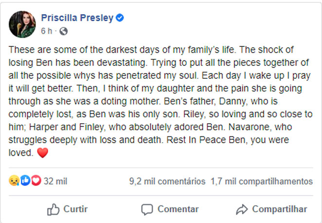 Priscilla Presley se pronuncia após a morte do neto