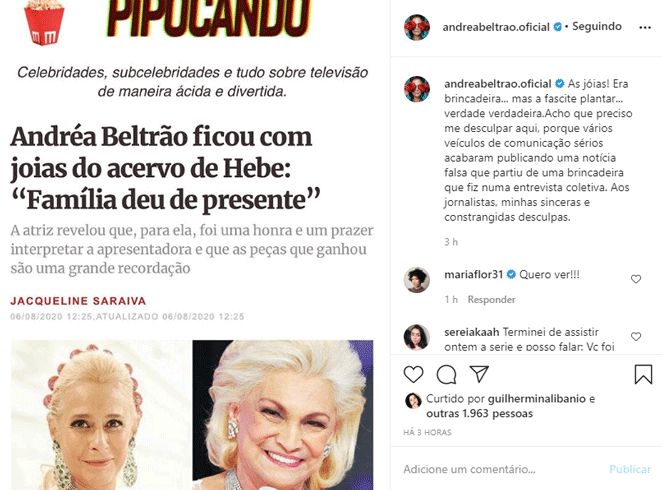 Andréa Beltrão pede desculpas por brincadeira sobre joias de Hebe Camargo