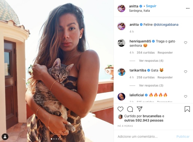 Anitta posa com gato em viagem para Sardenha, na Itália