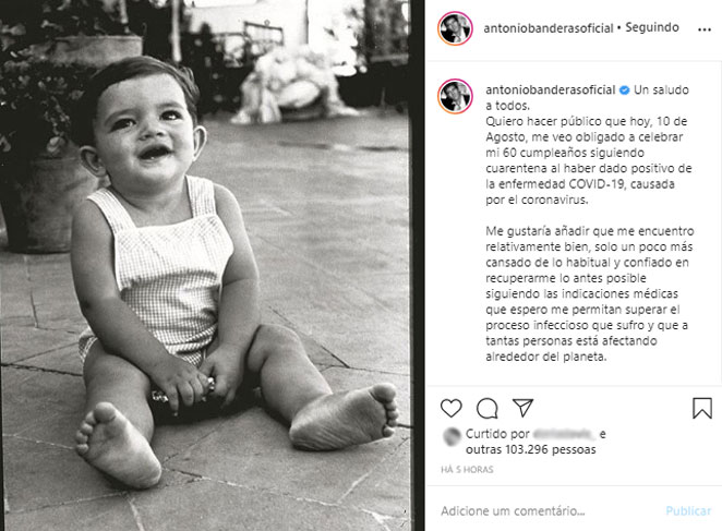 Antonio Banderas anuncia teste positivo para a Covid-19