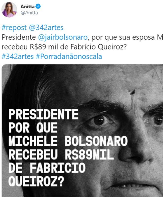 Anitta questiona Bolsonaro
