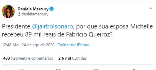 Daniela Mercury questiona Bolsonaro