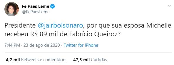 Fernanda Paes Leme questiona Bolsonaro