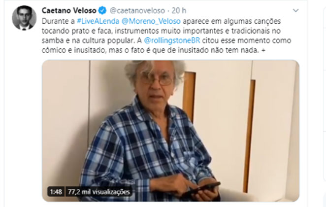 Caetano Veloso comenta sobre crítica feita a sua live, no Twitter