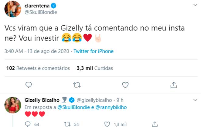 Ex-BBB Clara falou que vai investir em Gizelly Bicalho