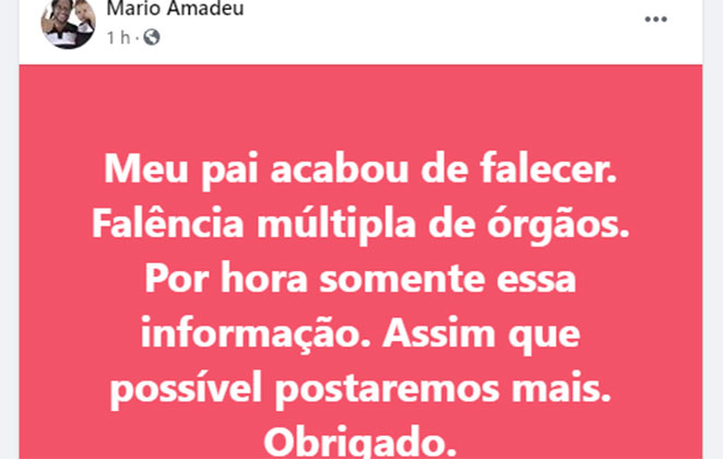 Mario Amadeu fez o anúncio oficial por meio de sua rede social 