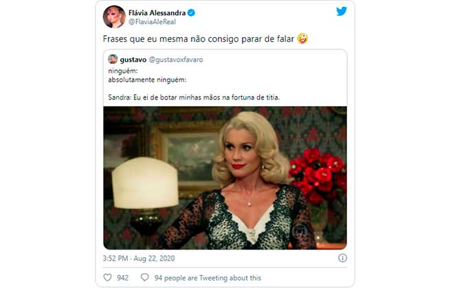Flávia Alessandra contou no Twitter que repete frases de vilã de Êta Mundo Bom