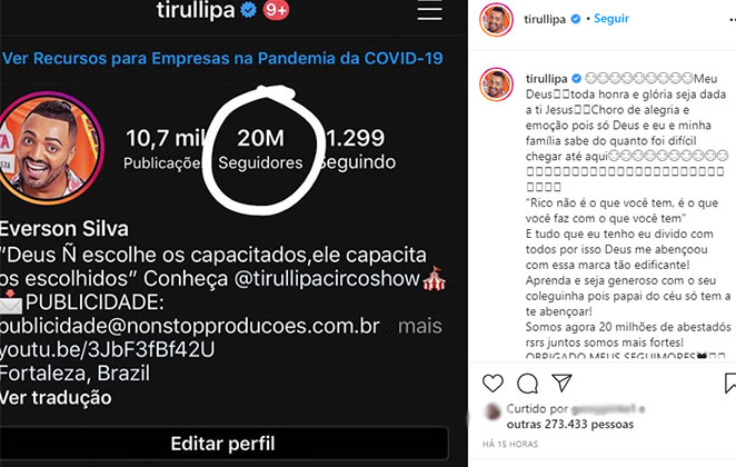 Comediante celebra marca história no Instagram @tirullipa