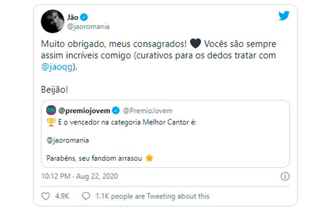 Jão comemorou no Twitter a vitória de Melhor Cantor no Prêmio Jovem Brasileiro