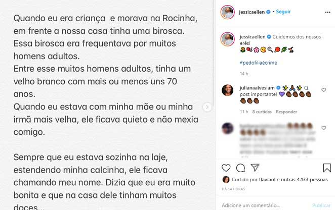 Jéssica Ellen revela que já sofreu assédio na infância