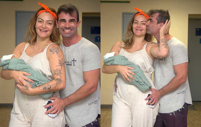 Laura Keller e Jorge de Souza felizes com a saída do filho da maternidade