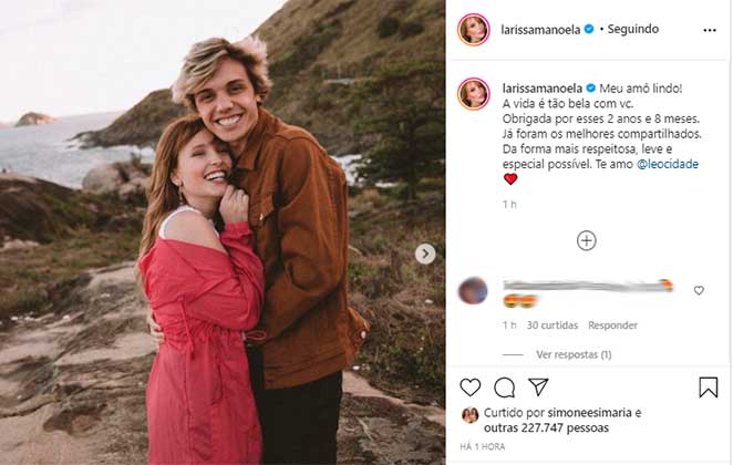 Larissa Manoela se declarou a Leo Cidade no Instagram pelo namoro entre eles